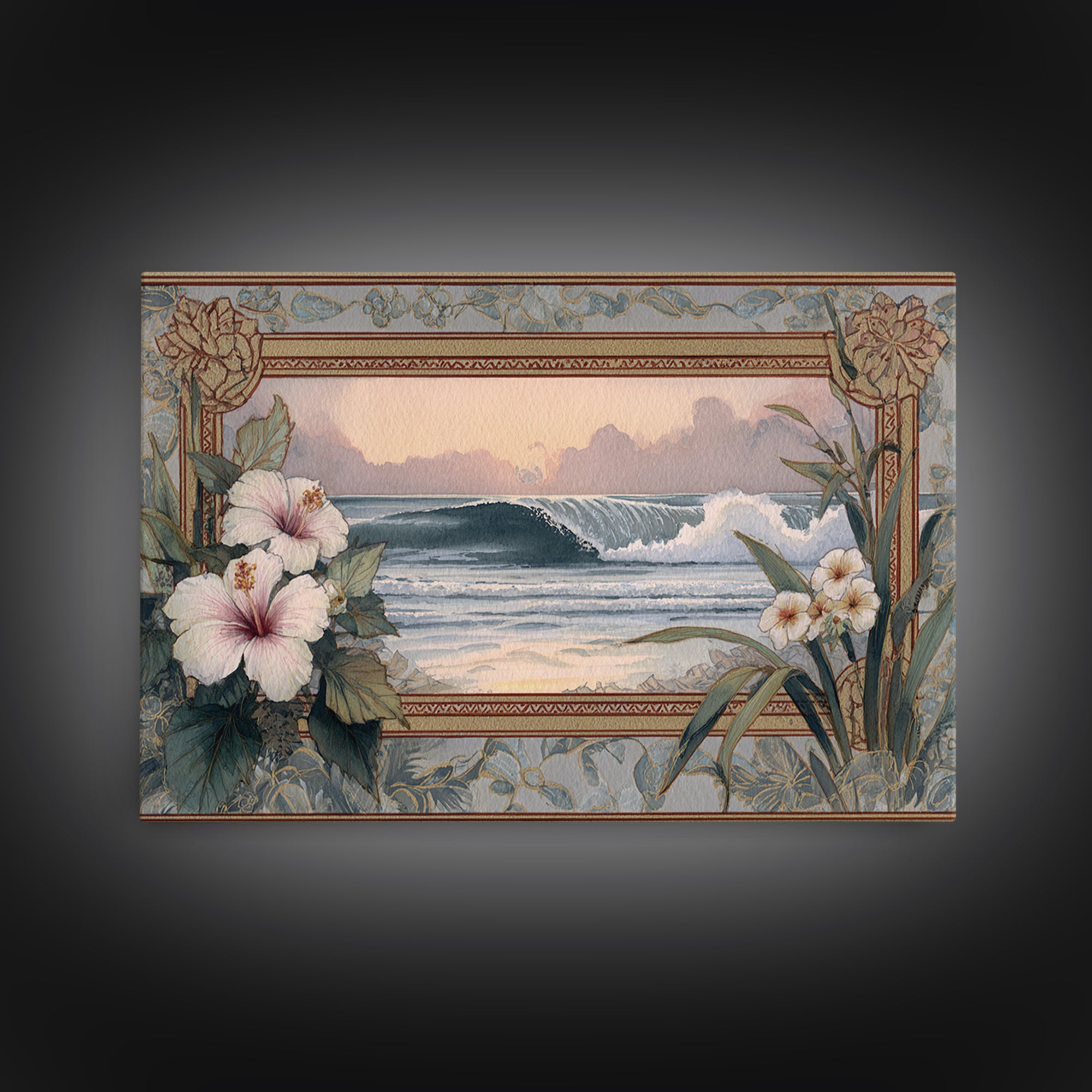 Sunset Surf Scene Framed Canvas Print, Tropical Art, Wall Art Prints, Living Room Decor, Fine Art, Tropic, Beach Wall Art, TRO-3x2-2