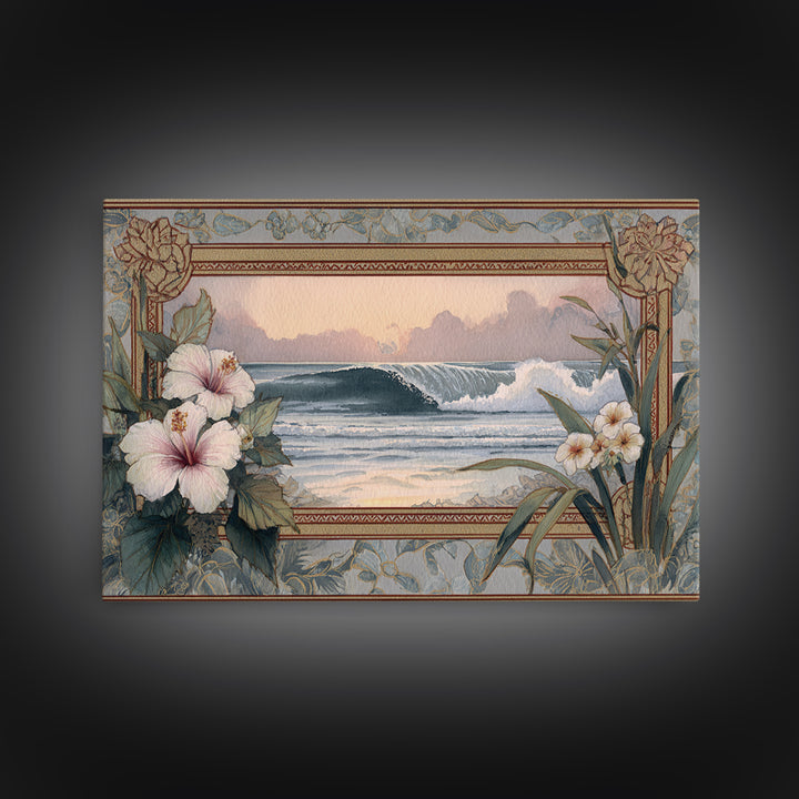 Sunset Surf Scene Framed Canvas Print, Tropical Art, Wall Art Prints, Living Room Decor, Fine Art, Tropic, Beach Wall Art, TRO-3x2-2