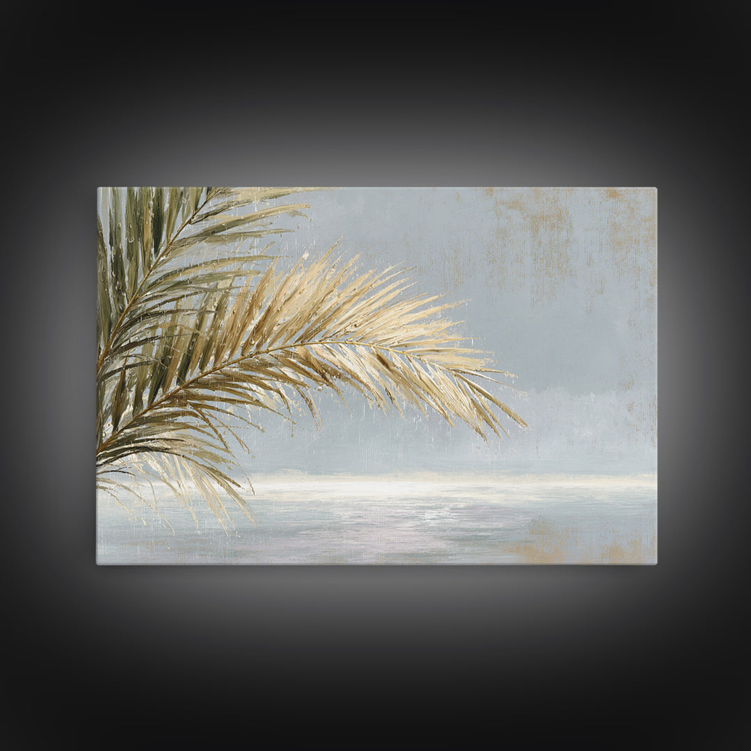 Rain Soaked Palm Leaf Closeup Framed Canvas Print, Tropical Art, Beach Print, Living Room Decor, Fine Art, Tropic, TRO-3x2-25