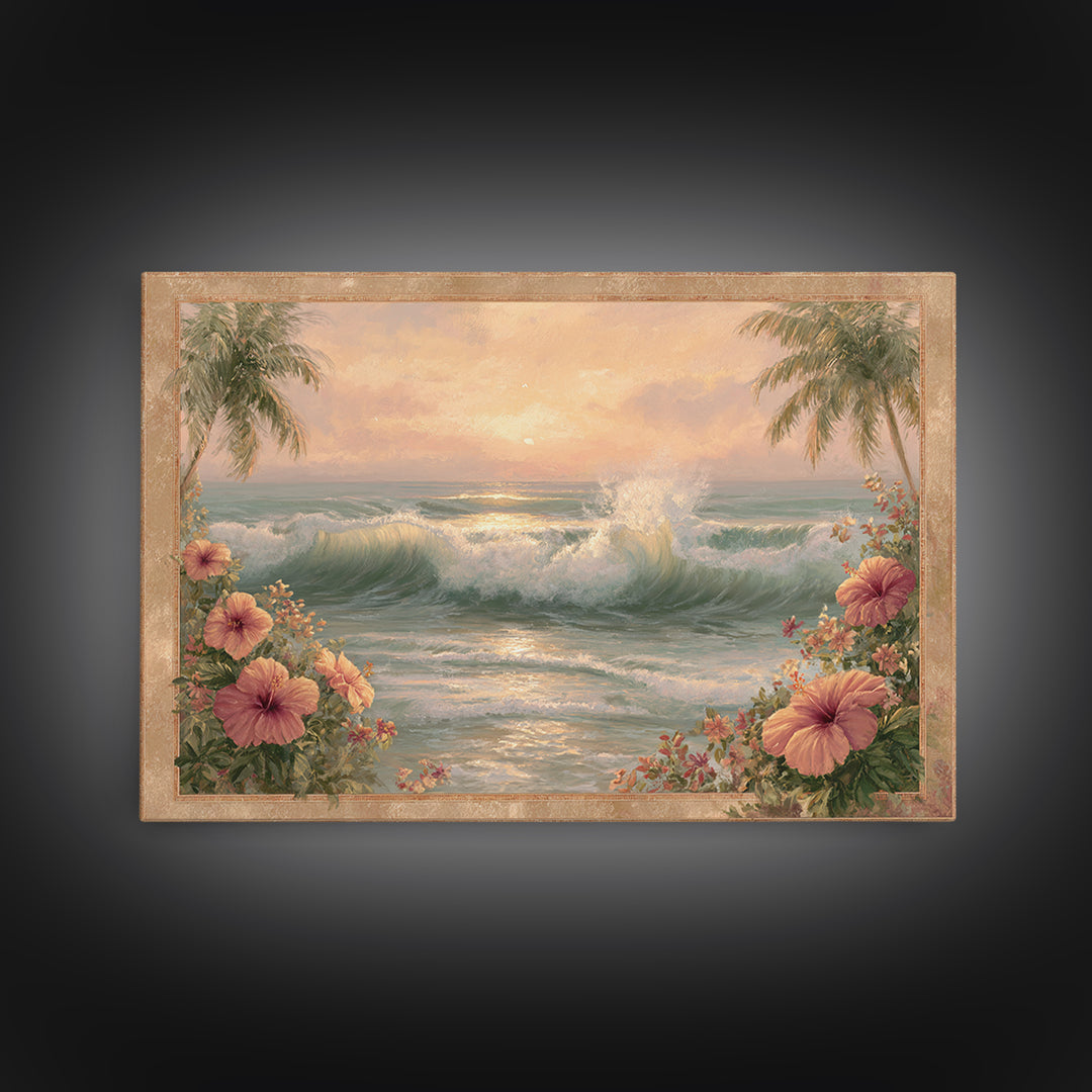 Sunset Surf Scene Canvas Print, Tropical Art, Bird Art, Living Room Decor, Watercolor Art, Tropic, Whimsical Art, Botanical Art, TRO-3x2-26