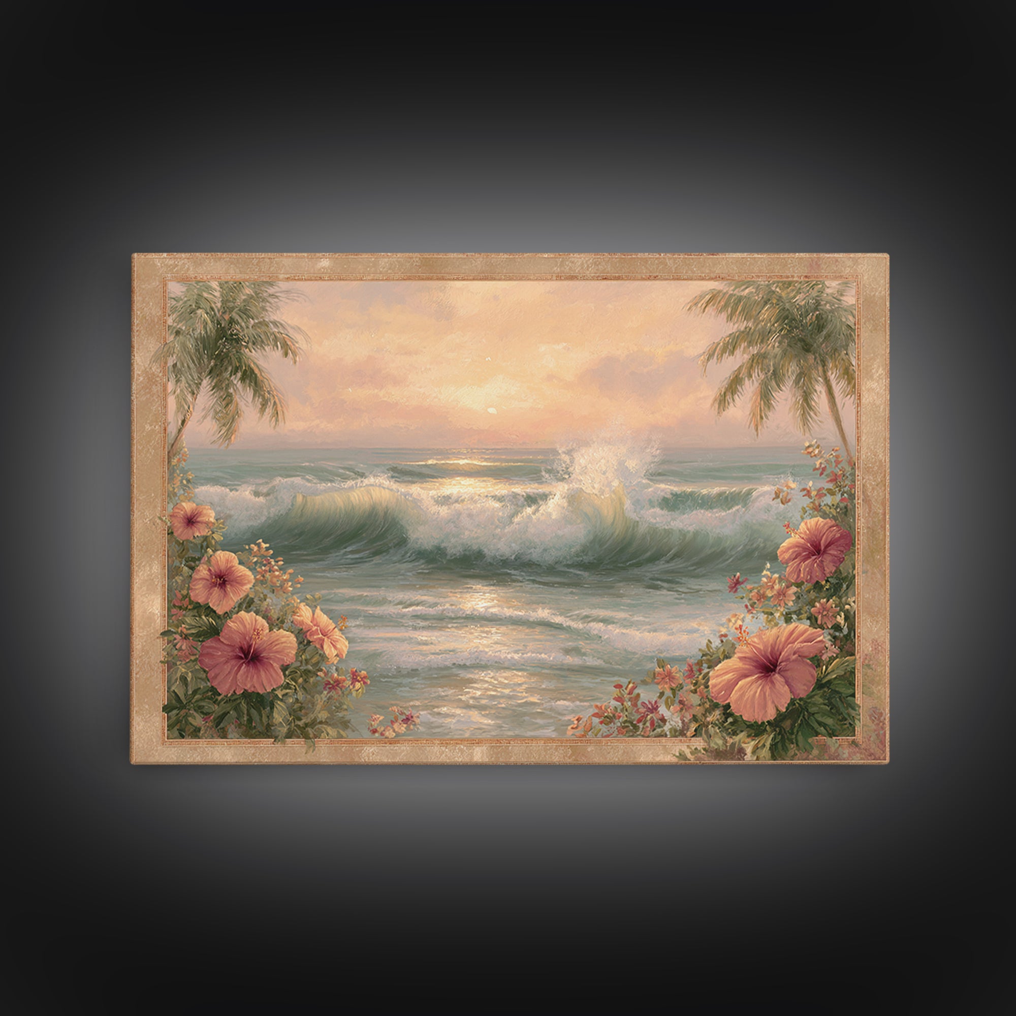 Sunset Surf Scene Canvas Print, Tropical Art, Bird Art, Living Room Decor, Watercolor Art, Tropic, Whimsical Art, Botanical Art, TRO-3x2-26