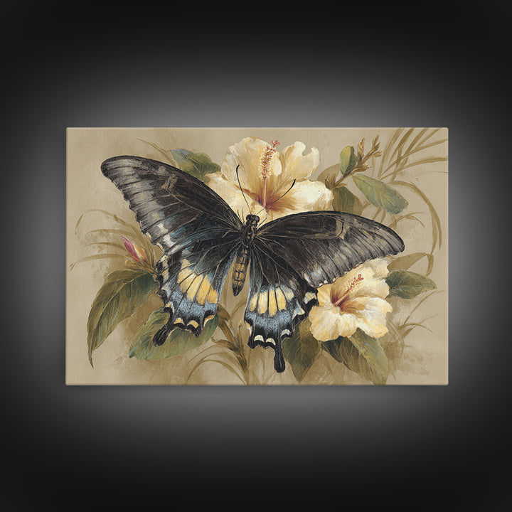 Tropical Butterfly and Flower Study Framed Canvas Print, Tropical Art, Gallery Decor, Living Room Decor, Fine Art, Tropic, TRO-3x2-27