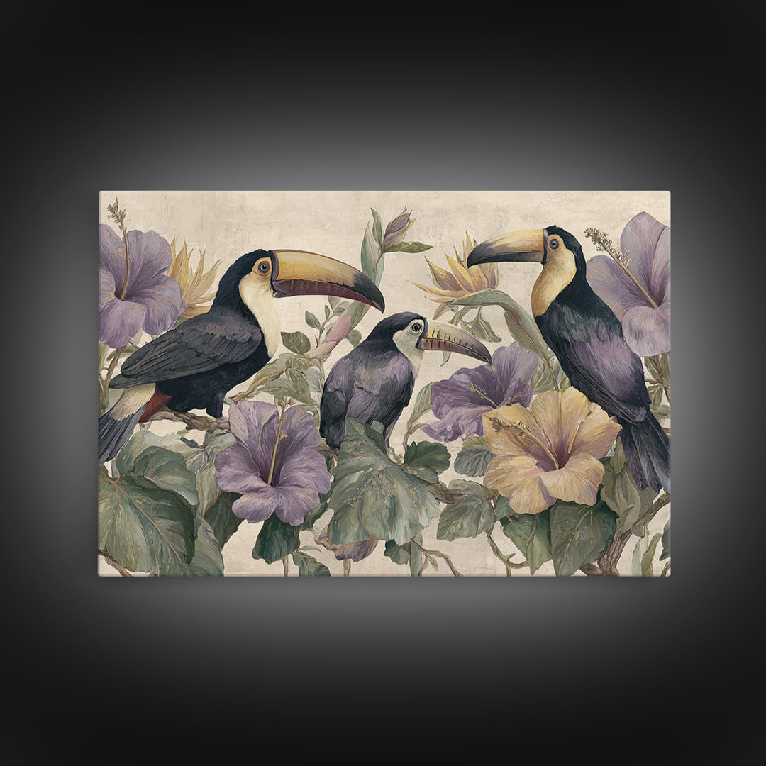 Toucans Surrounded by Bright Jungle Flowers Framed Canvas Print, Tropical Art, Statement Artwork, Living Room Decor, Tropic, TRO-3x2-31