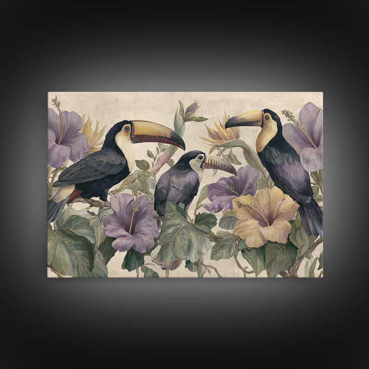 Toucans Surrounded by Bright Jungle Flowers Framed Canvas Print, Tropical Art, Statement Artwork, Living Room Decor, Tropic, TRO-3x2-31