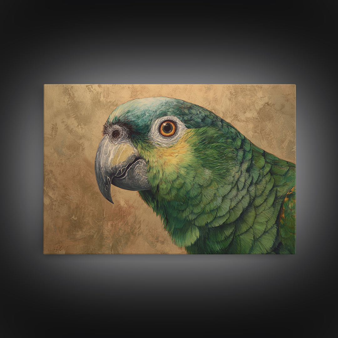 Parrot Portrait with Emerald Feathers Framed Canvas Print, Tropical Art, Whimsical Art, Living Room Decor, Fine Art, Tropic, TRO-3x2-36