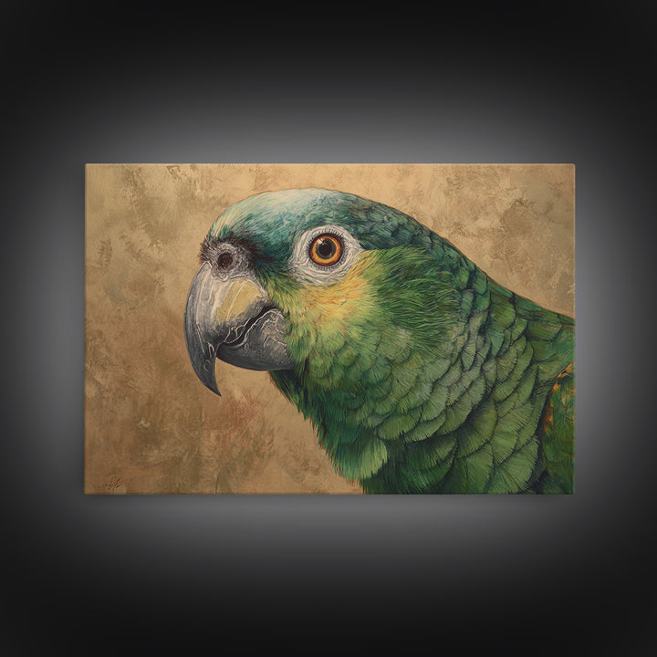 Parrot Portrait with Emerald Feathers Framed Canvas Print, Tropical Art, Whimsical Art, Living Room Decor, Fine Art, Tropic, TRO-3x2-36