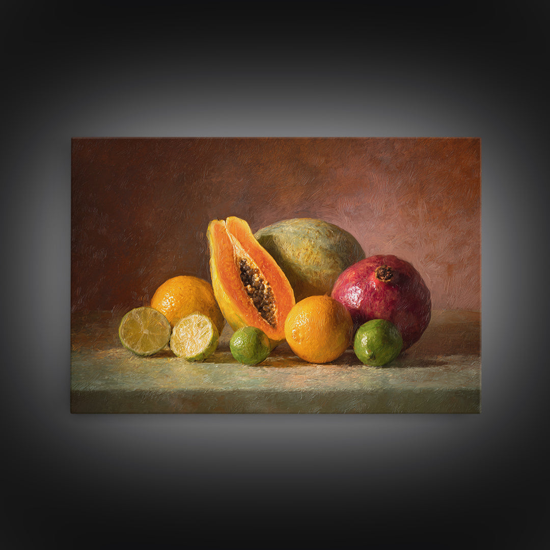 Bright Papaya and Lime Still Life Canvas Print, Tropical Art, Watercolor Painting, Living Room Decor, Oil Painting, Tropic, TRO-3x2-4