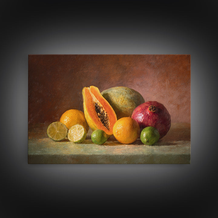 Bright Papaya and Lime Still Life Canvas Print, Tropical Art, Watercolor Painting, Living Room Decor, Oil Painting, Tropic, TRO-3x2-4