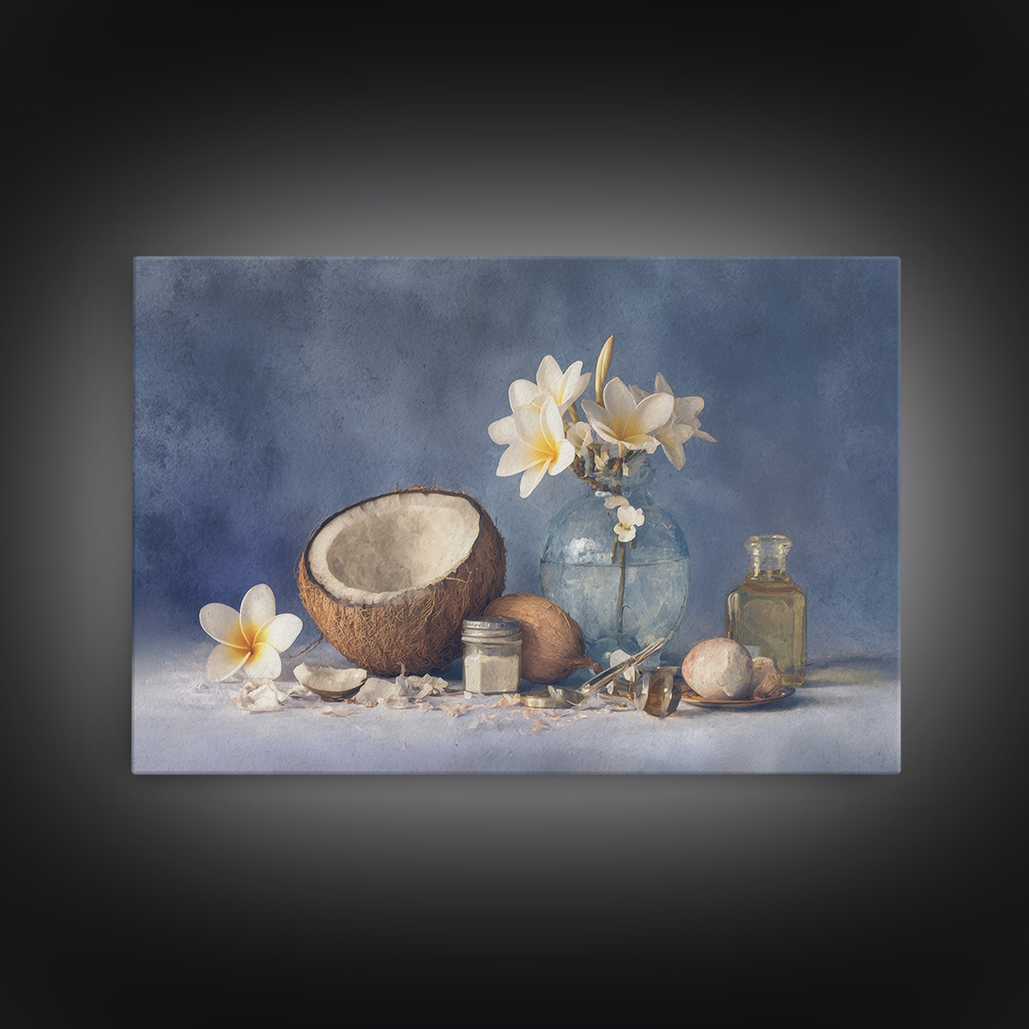 Coconut and Plumeria Still Life Framed Canvas Print, Tropical Art, Botanical Art, Living Room Decor, Oil Painting, Tropic, TRO-3x2-40