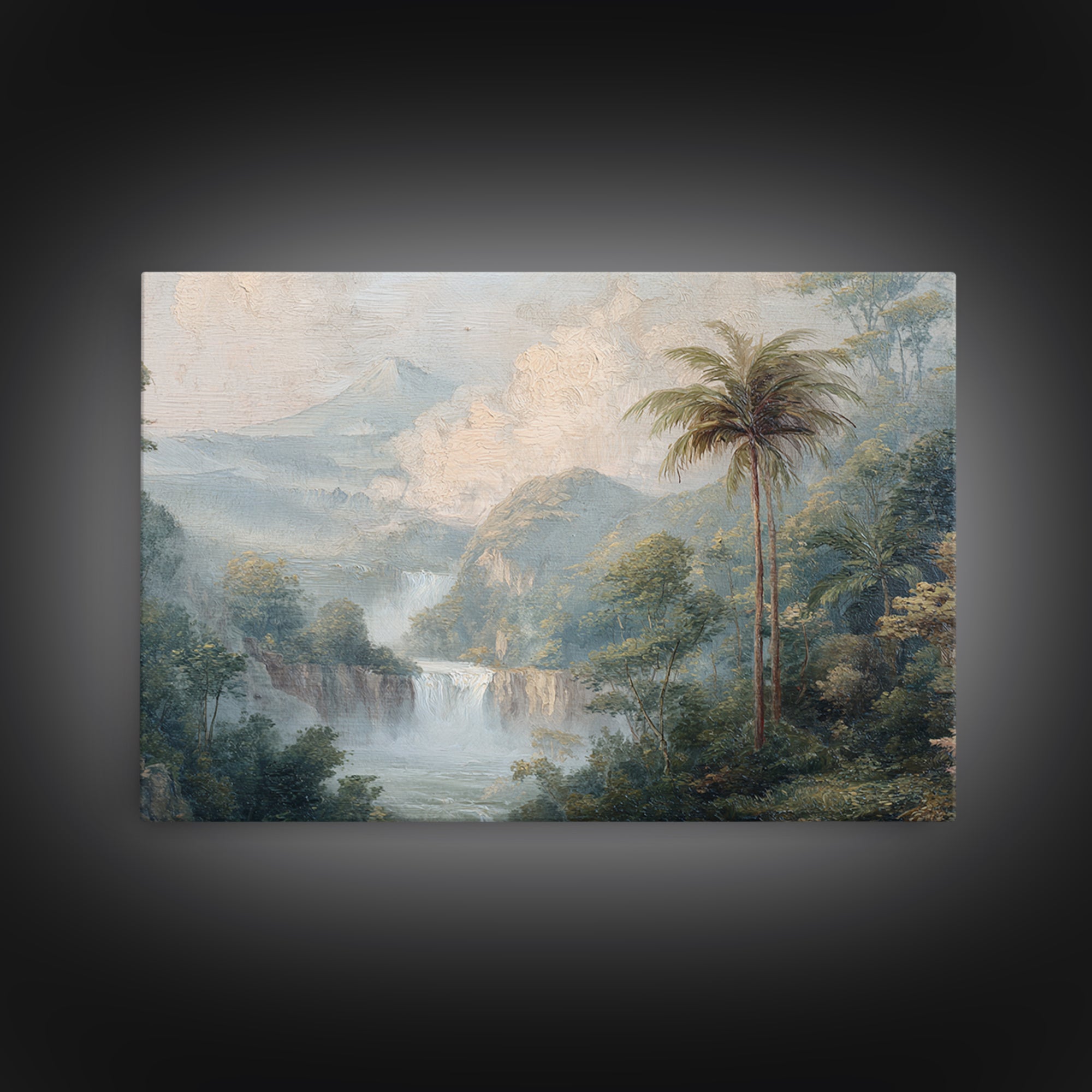 Jungle Waterfall with Misty Light Framed Canvas Print, Tropical Art, Beach Prints, Living Room Decor, Watercolor Art, Tropic, TRO-3x2-41