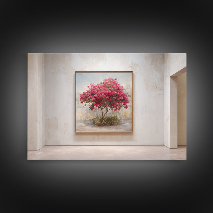 Pink Bougainvillea over White Wall Canvas Print, Tropical Art, Beach Prints, Living Room Decor, Watercolor Art, Tropic, TRO-3x2-44