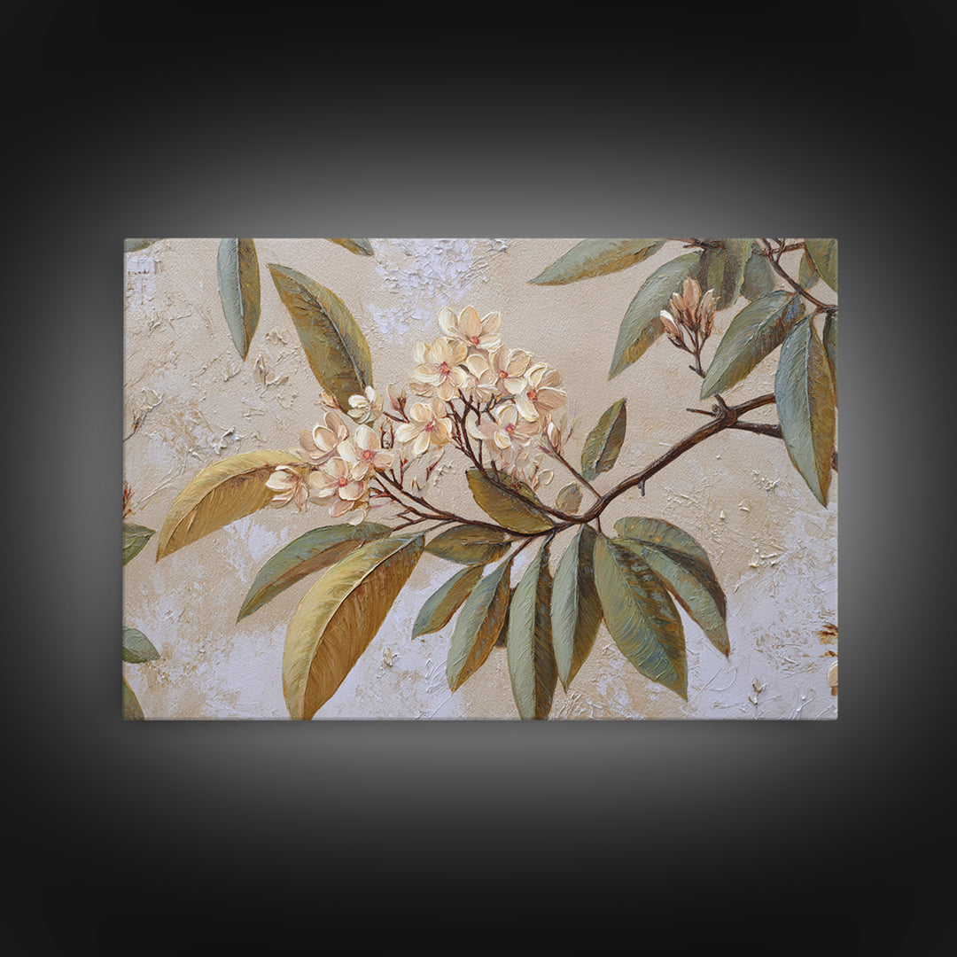 Mango Branch with Leaves and Flowers Framed Canvas Print, Tropical Art, Coastal Decor, Living Room Decor, Fine Art, Tropic, TRO-3x2-46