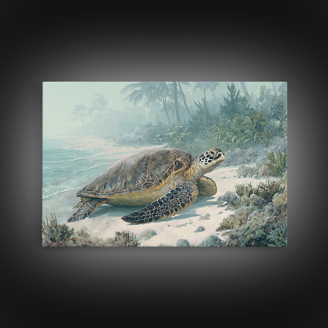 Sea Turtle Near Tropical Reef Framed Canvas Print, Tropical Art, Digital Art, Living Room Decor, Oil Painting, Tropic, TRO-3x2-47