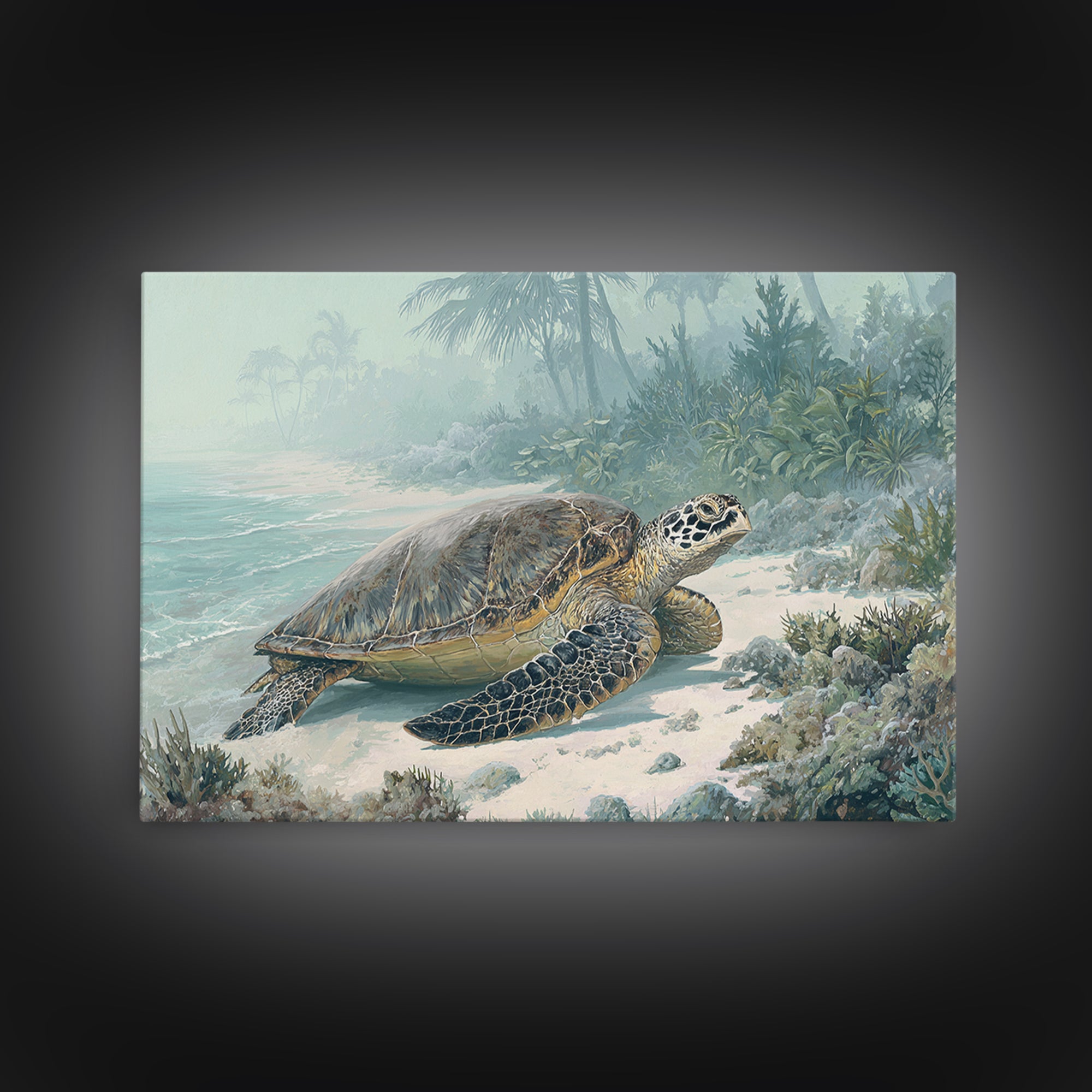 Sea Turtle Near Tropical Reef Framed Canvas Print, Tropical Art, Digital Art, Living Room Decor, Oil Painting, Tropic, TRO-3x2-47