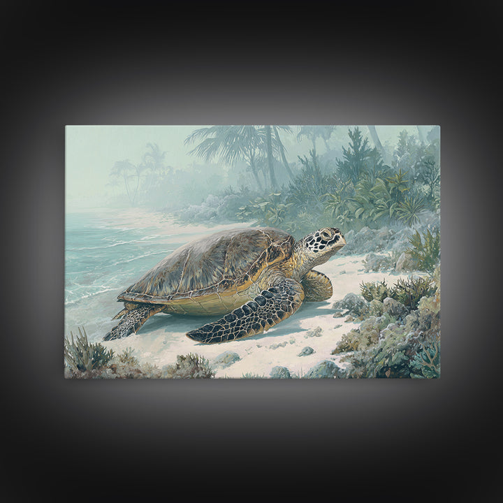 Sea Turtle Near Tropical Reef Framed Canvas Print, Tropical Art, Digital Art, Living Room Decor, Oil Painting, Tropic, TRO-3x2-47