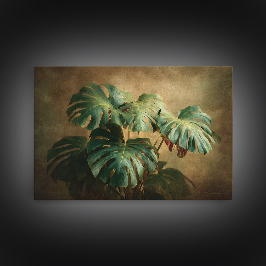 Lush Monstera Leaves Framed Canvas Print, Tropical Art, Gallery Wall Art, Living Room Decor, Fine Art, Tropic, TRO-3x2-5
