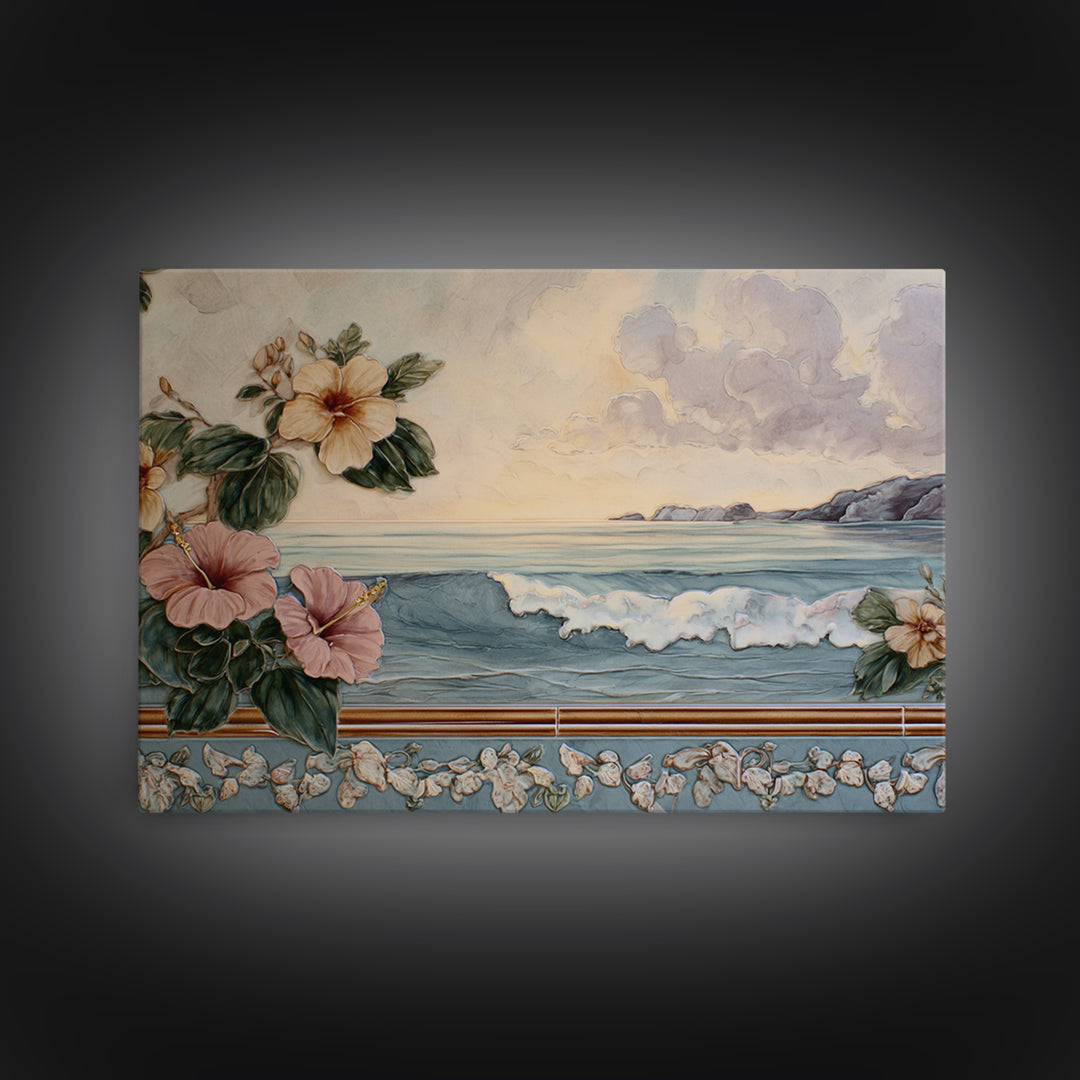 Sunset Surf Scene Framed Canvas Print, Tropical Art, Beach Decor, Living Room Decor, Oil Painting, Tropic, Fine Art Print, TRO-3x2-50