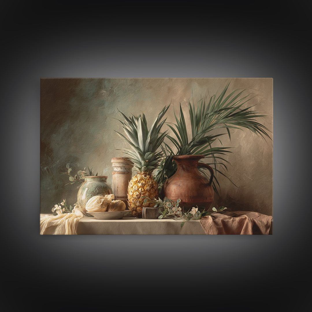 Pineapple and Palm Still Life Canvas Print, Tropical Art, Downloadable Prints, Living Room Decor, Watercolor Art, Tropic, TRO-3x2-58