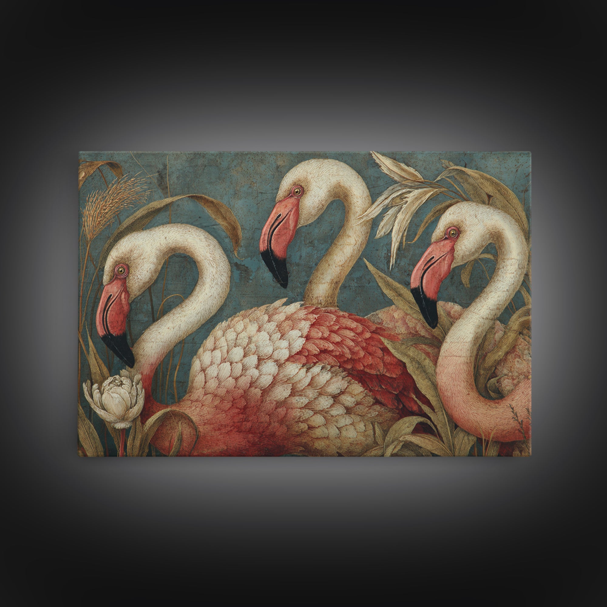 Pink Flamingos Among Tropical Water Plants Framed Canvas Print, Tropical Art, Set of 3 Prints, Living Room Decor, Tropic, TRO-3x2-6