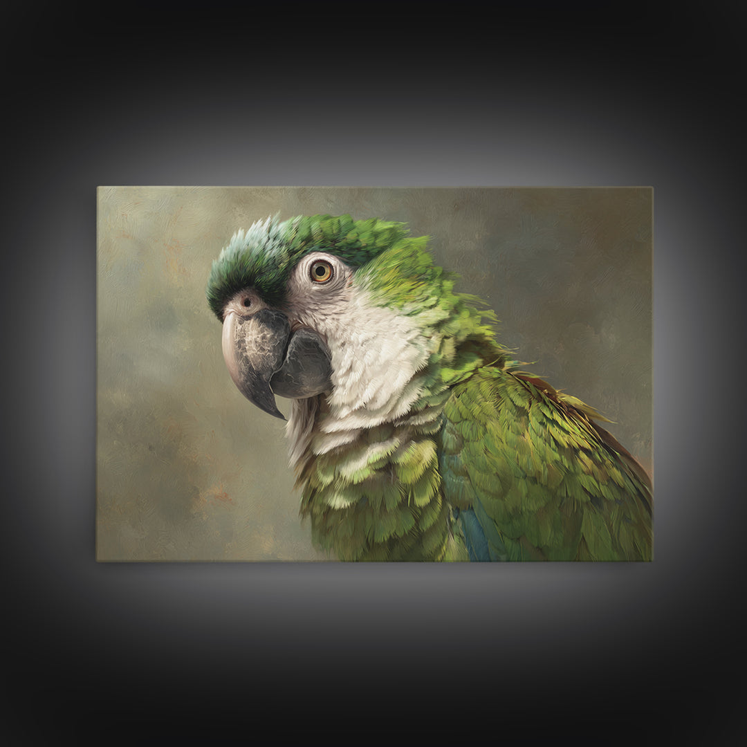 Parrot Portrait with Emerald Feathers Framed Canvas Print, Tropical Art, Textured Painting, Living Room Decor, Fine Art, Tropic, TRO-3x2-60
