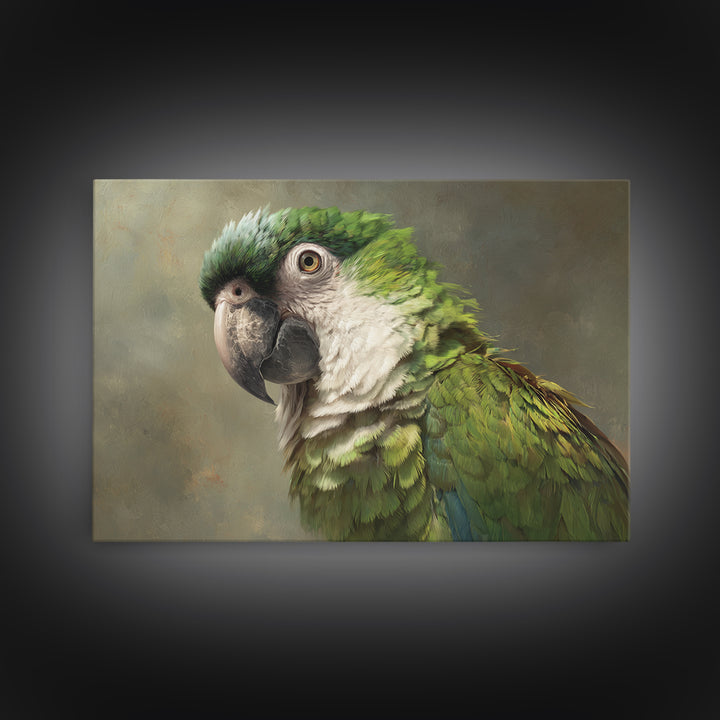 Parrot Portrait with Emerald Feathers Framed Canvas Print, Tropical Art, Textured Painting, Living Room Decor, Fine Art, Tropic, TRO-3x2-60