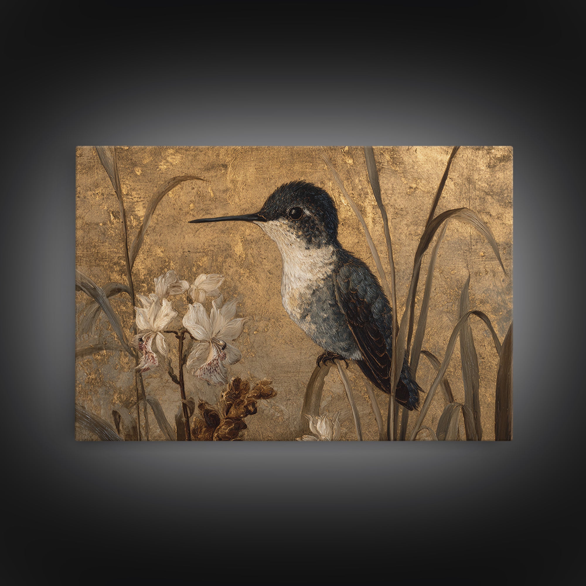Orchid and Hummingbird Composition Canvas Print, Tropical Art, Abstract Painting, Living Room Decor, Fine Art, Tropic, TRO-3x2-62