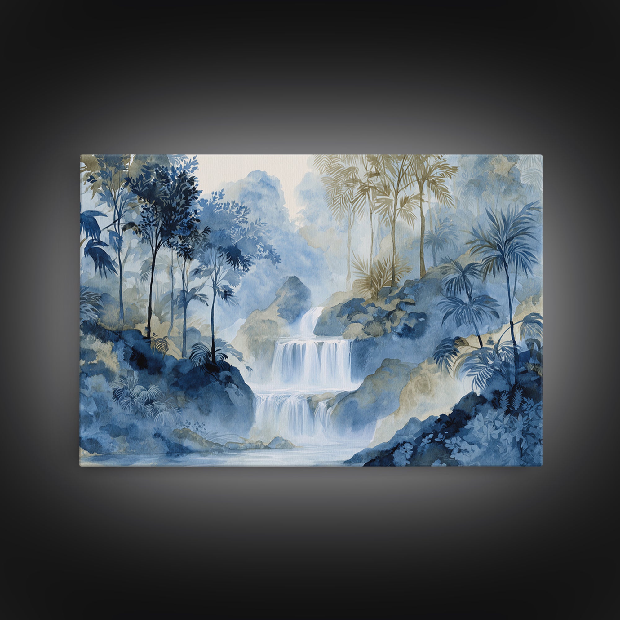 Jungle Waterfall with Misty Light Framed Canvas Print, Tropical Art, Beach Prints, Living Room Decor, Watercolor Art, Tropic, TRO-3x2-65
