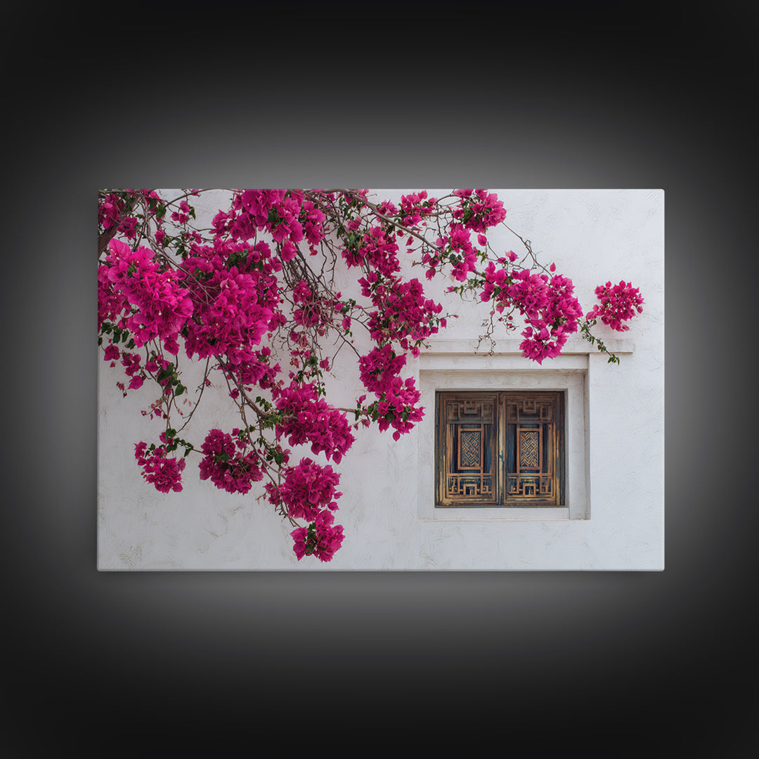 Pink Bougainvillea over White Wall Canvas Print, Tropical Art, Minimalist Decor, Living Room Decor, Fine Art, Tropic, TRO-3x2-68