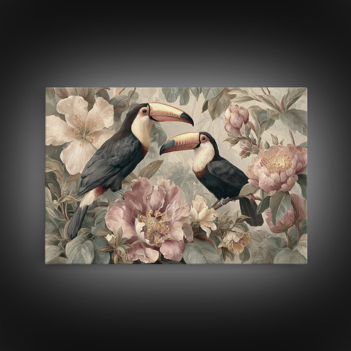Toucans Surrounded by Bright Jungle Flowers Framed Canvas Print, Tropical Art, Printable Art, Living Room Decor, Tropic, TRO-3x2-7