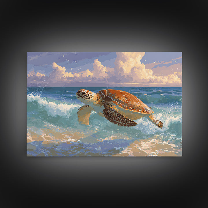 Sea Turtle Near Tropical Reef Framed Canvas Print, Tropical Art, Beach Prints, Living Room Decor, Watercolor Art, Tropic, TRO-3x2-71