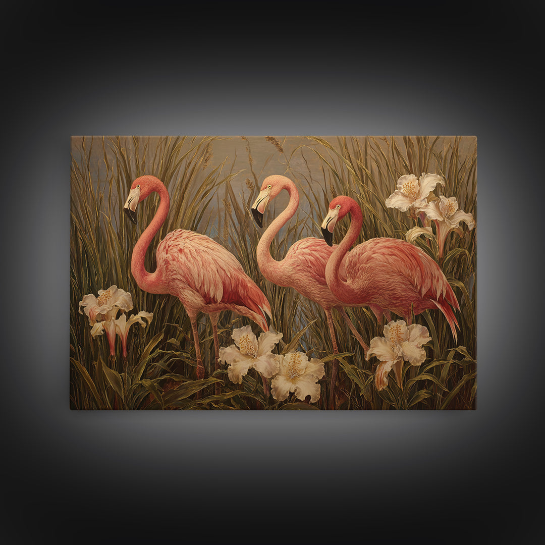 Pink Flamingos Among Tropical Water Plants Framed Canvas Print, Tropical Art, Whimsical Art, Living Room Decor, Tropic, TRO-3x2-78