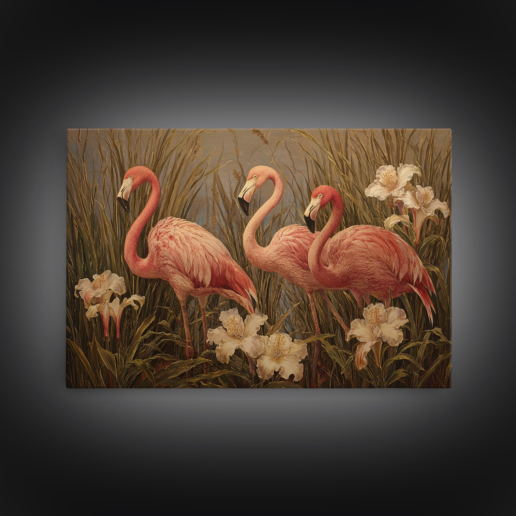 Pink Flamingos Among Tropical Water Plants Framed Canvas Print, Tropical Art, Whimsical Art, Living Room Decor, Tropic, TRO-3x2-78