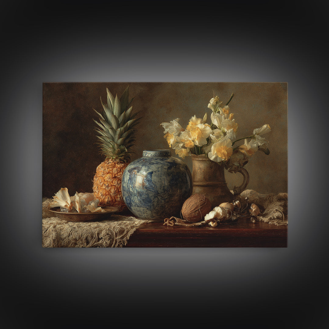 Pineapple and Palm Still Life Framed Canvas Print, Tropical Art, Botanical Art, Living Room Decor, Oil Painting, Tropic, TRO-3x2-82