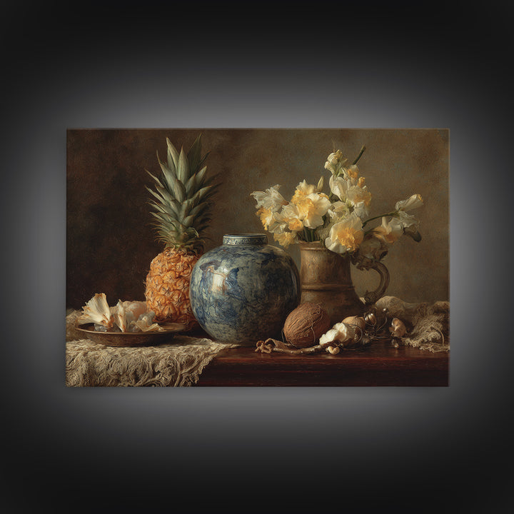 Pineapple and Palm Still Life Framed Canvas Print, Tropical Art, Botanical Art, Living Room Decor, Oil Painting, Tropic, TRO-3x2-82