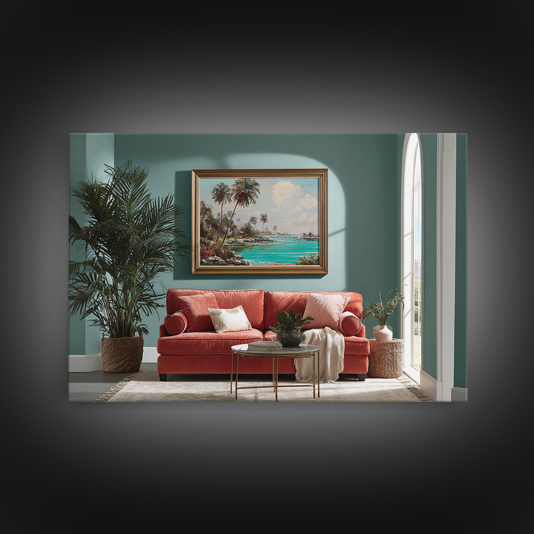 Tropical Lagoon with Turquoise Water Canvas Print, Tropical Art, Pink Wall Art, Living Room Decor, Tropic, Coastal Art, TRO-3x2-83