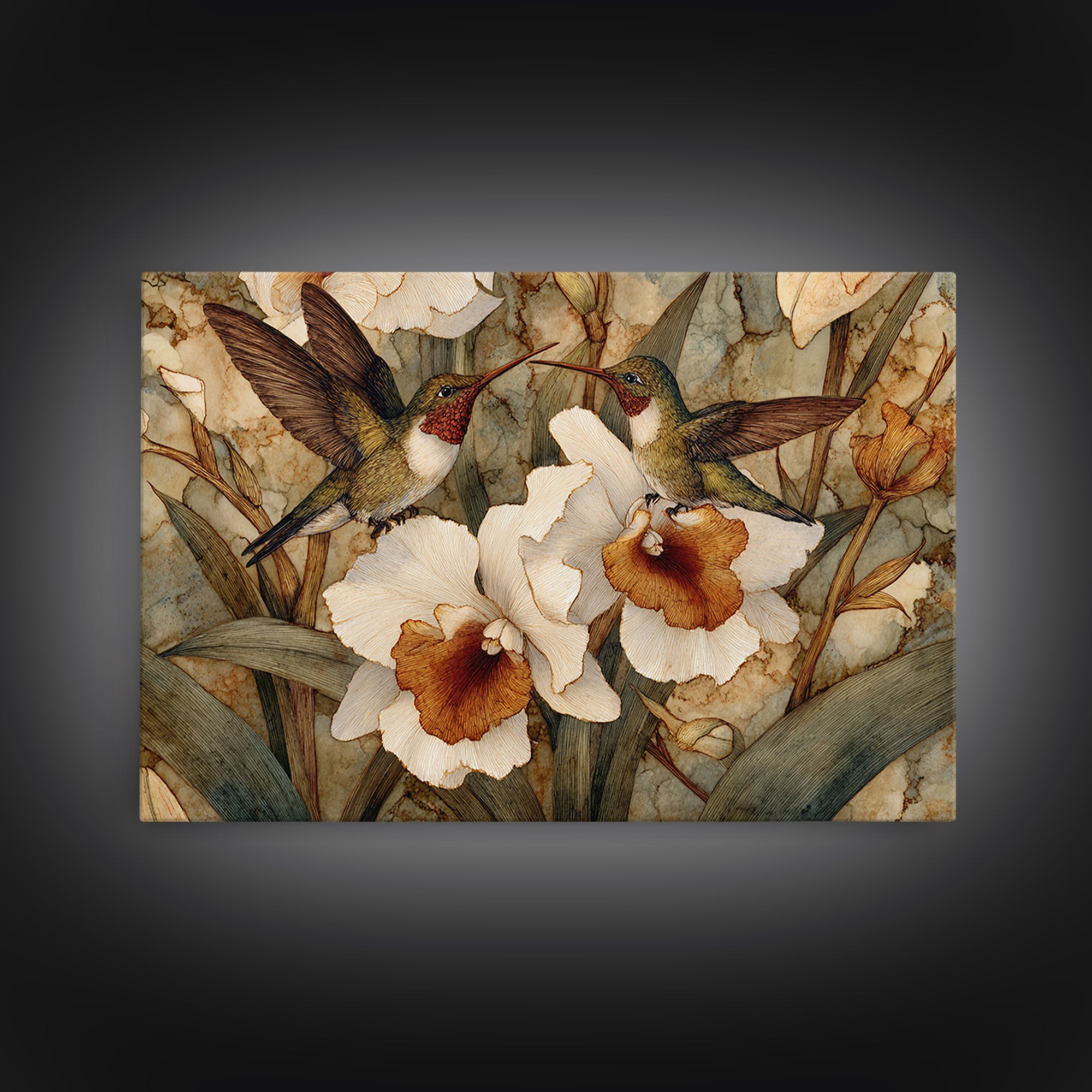 Orchid and Hummingbird Composition Framed Canvas Print, Tropical Art, Trendy Wall Art, Living Room Decor, Fine Art, Tropic, TRO-3x2-86