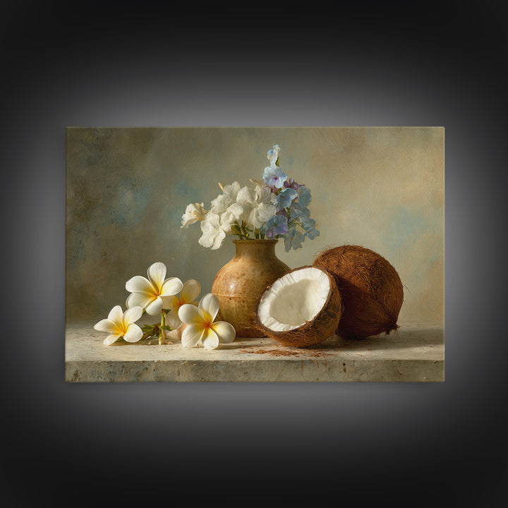 Coconut and Plumeria Still Life Canvas Print, Tropical Art, Decor, Living Room Decor, Tropic 588, Bird Art, Set of Prints, TRO-3x2-88