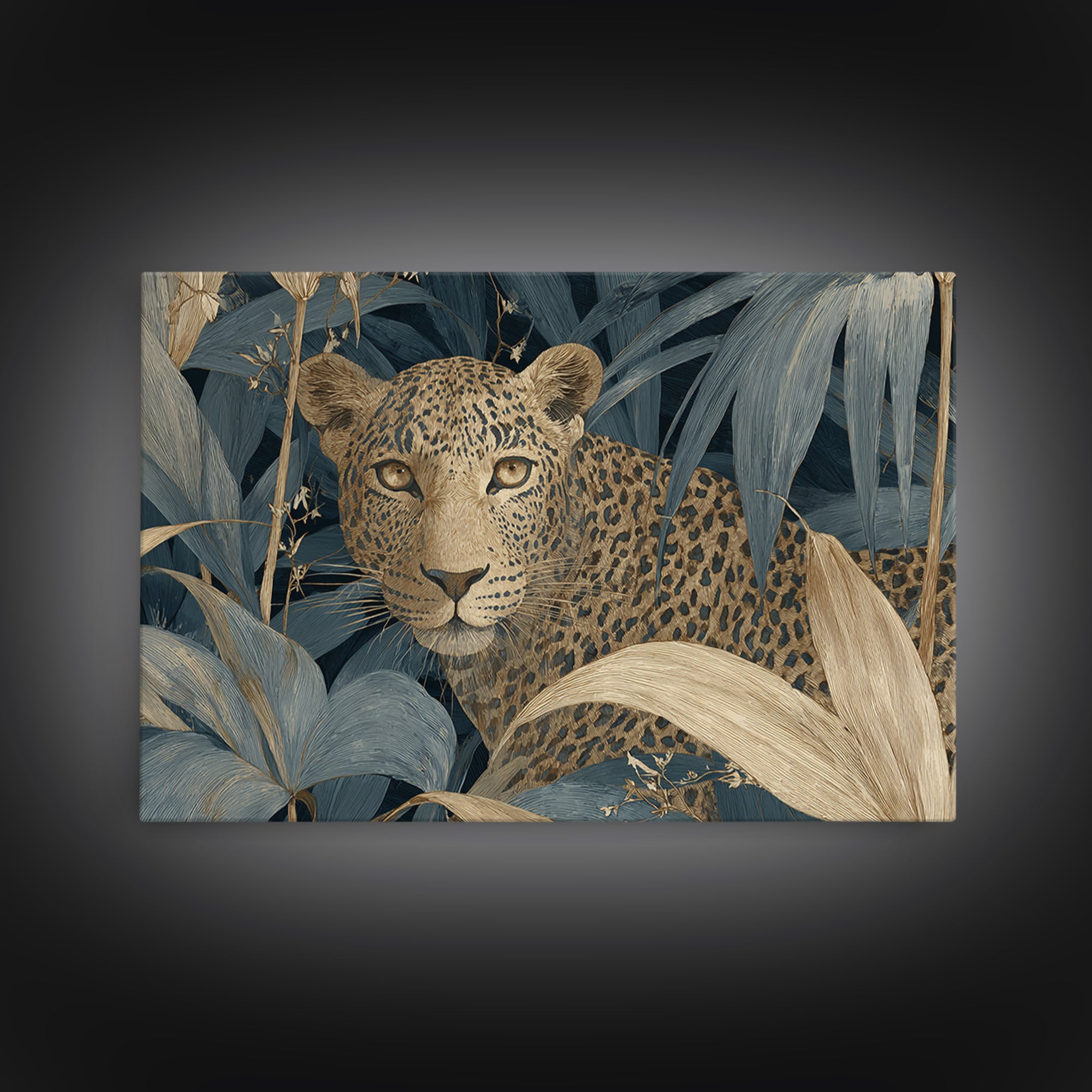 Leopard Hidden Among Palm Leaves Framed Canvas Print, Tropical Art, Coastal Art, Living Room Decor, Fine Art, Tropic, TRO-3x2-90