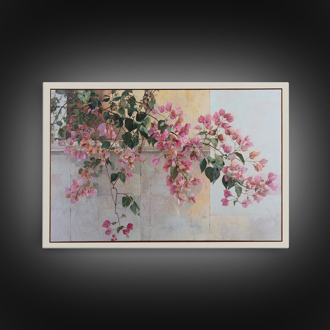 Pink Bougainvillea over White Wall Framed Canvas Print, Tropical Art, Digital Prints, Living Room Decor, Fine Art, Tropic, TRO-3x2-92