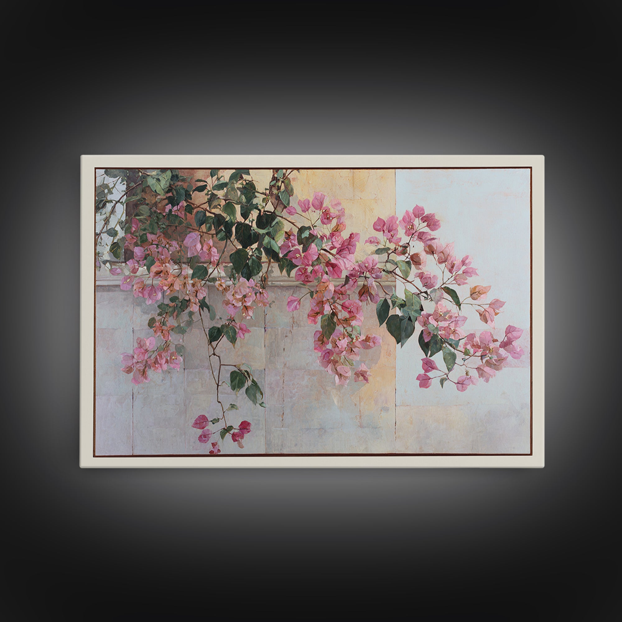 Pink Bougainvillea over White Wall Framed Canvas Print, Tropical Art, Digital Prints, Living Room Decor, Fine Art, Tropic, TRO-3x2-92