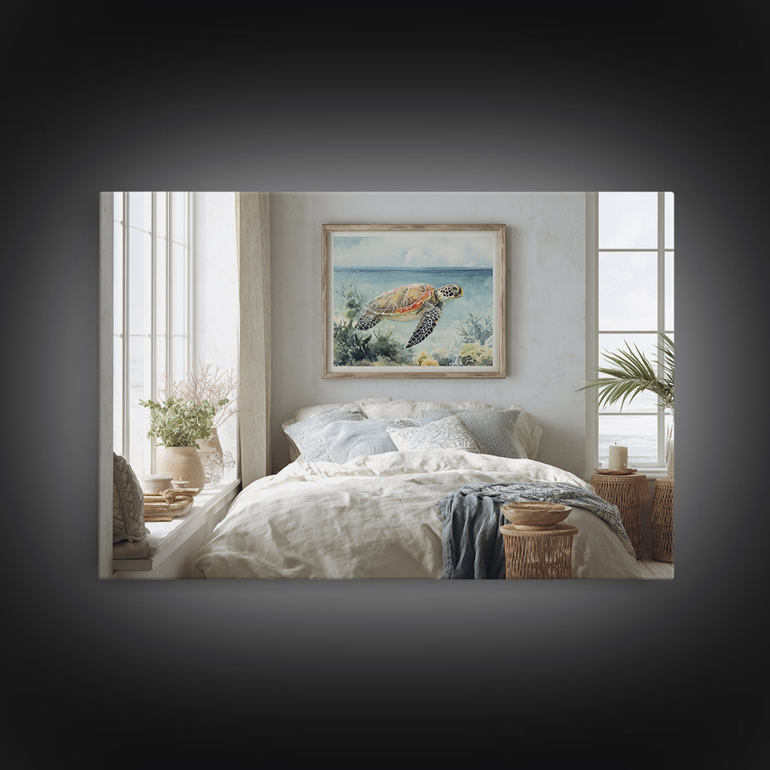Sea Turtle Near Tropical Reef Framed Canvas Print, Tropical Art, Wall Art Prints, Living Room Decor, Fine Art, Tropic, TRO-3x2-95