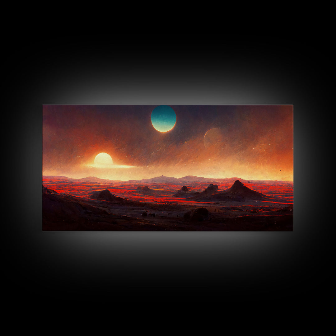 Scifi canvas print, Alien world with 3 moons, spooky print, creepy art, science fiction art