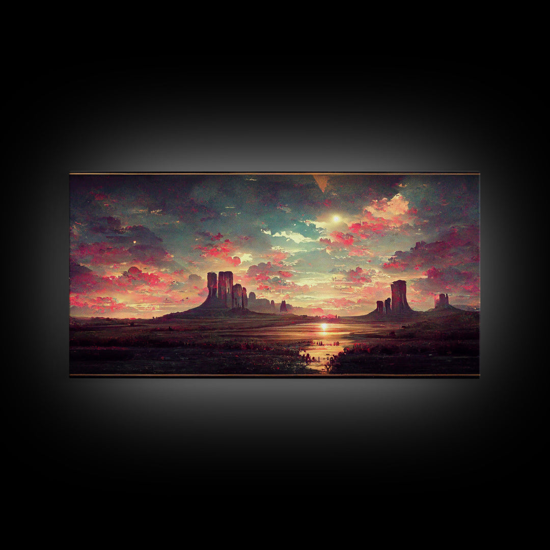 Mountain Sunset Oil Painting Canvas Print, Ready to hang gallery wrapped nature canvas print, synthwave style nature art