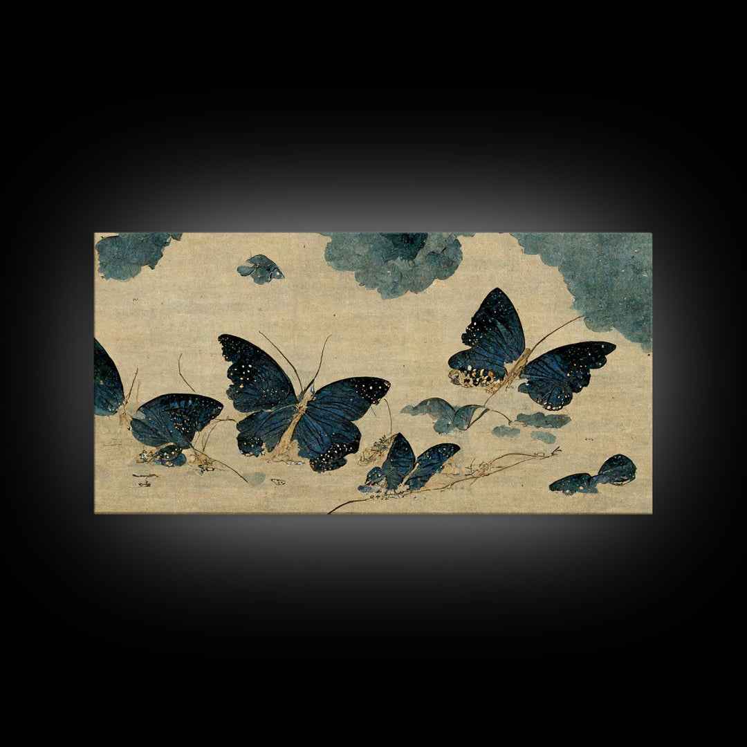 Retro Japanese Style Butterflies Wall Art, Framed Canvas Print, Framed Wall Art, Blue butterfly Art