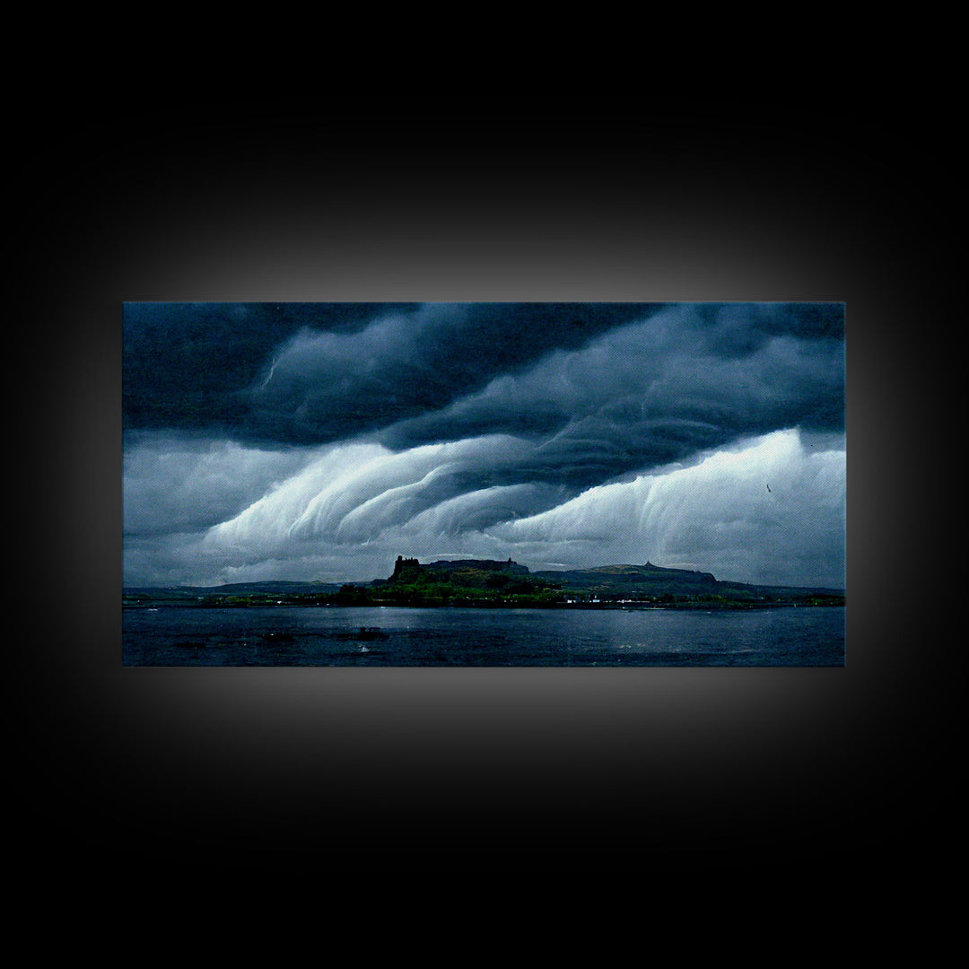 Rainstorm wall art, canvas print, ready to hang, fast moving storm over an island castle, cool wall art