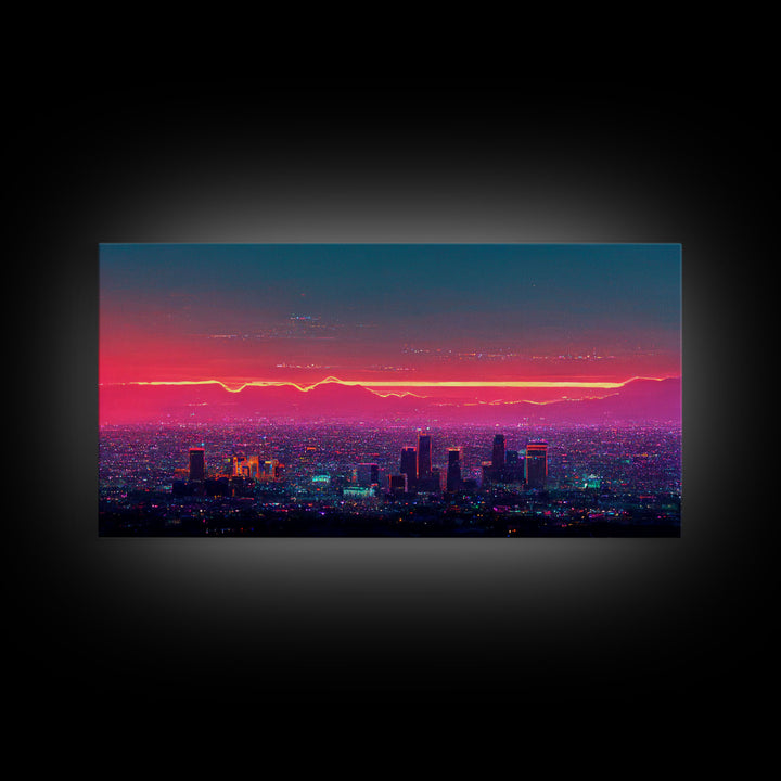 Los Angeles Wall Art, California at sunset canvas print, outrun style, vapor wave, synth wave sunset, ready to hang wall art