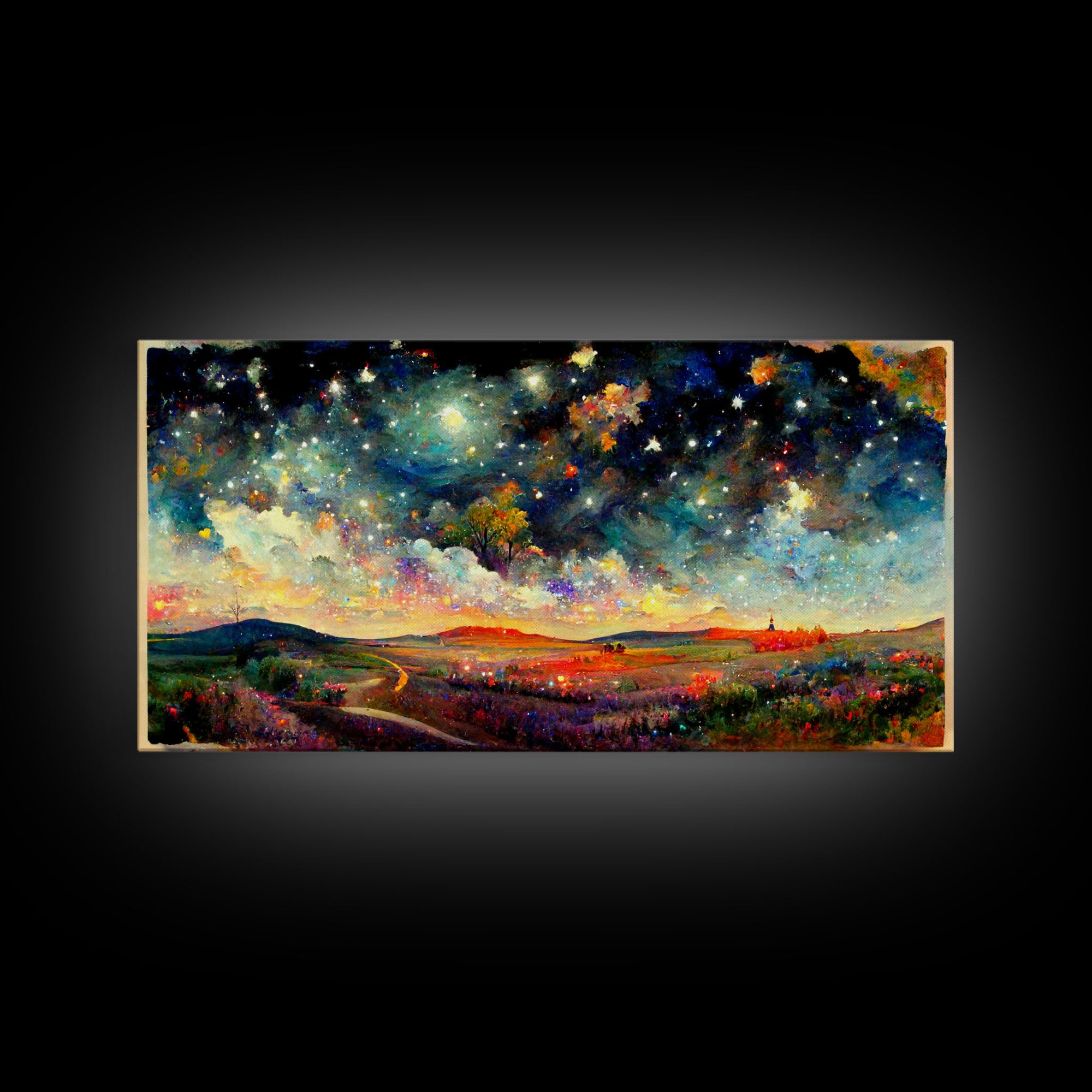 Night Starry Sky Landscape On Canvas Print Colorful Night Sky Painting Nature Painting Living Room Wall Art Spiritual Starry Painting