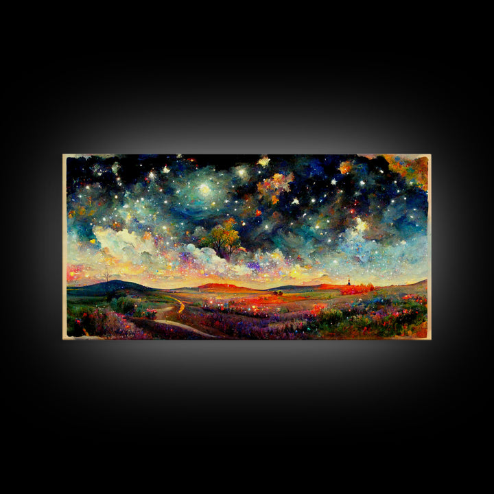Night Starry Sky Landscape On Canvas Print Colorful Night Sky Painting Nature Painting Living Room Wall Art Spiritual Starry Painting
