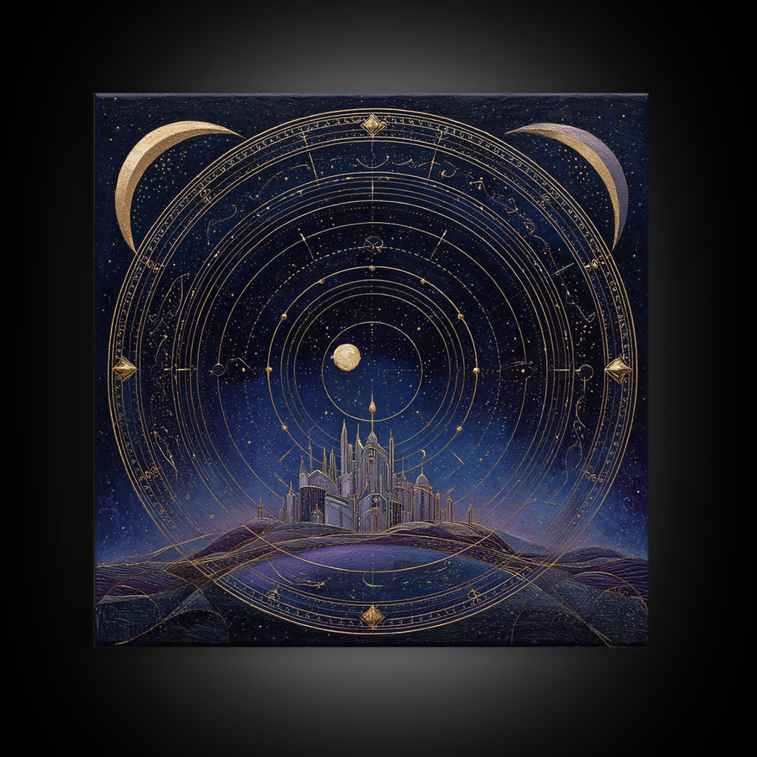 Night Skyline under Crescent Moon Framed Canvas Print, Urban Art, Digital Download Art, Living Room Decor, Abstract Art, Urban, URB-1x1-24