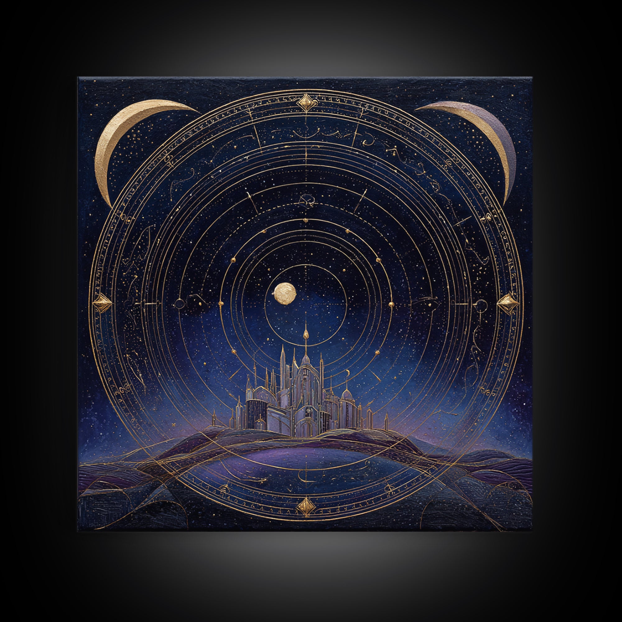 Night Skyline under Crescent Moon Framed Canvas Print, Urban Art, Digital Download Art, Living Room Decor, Abstract Art, Urban, URB-1x1-24